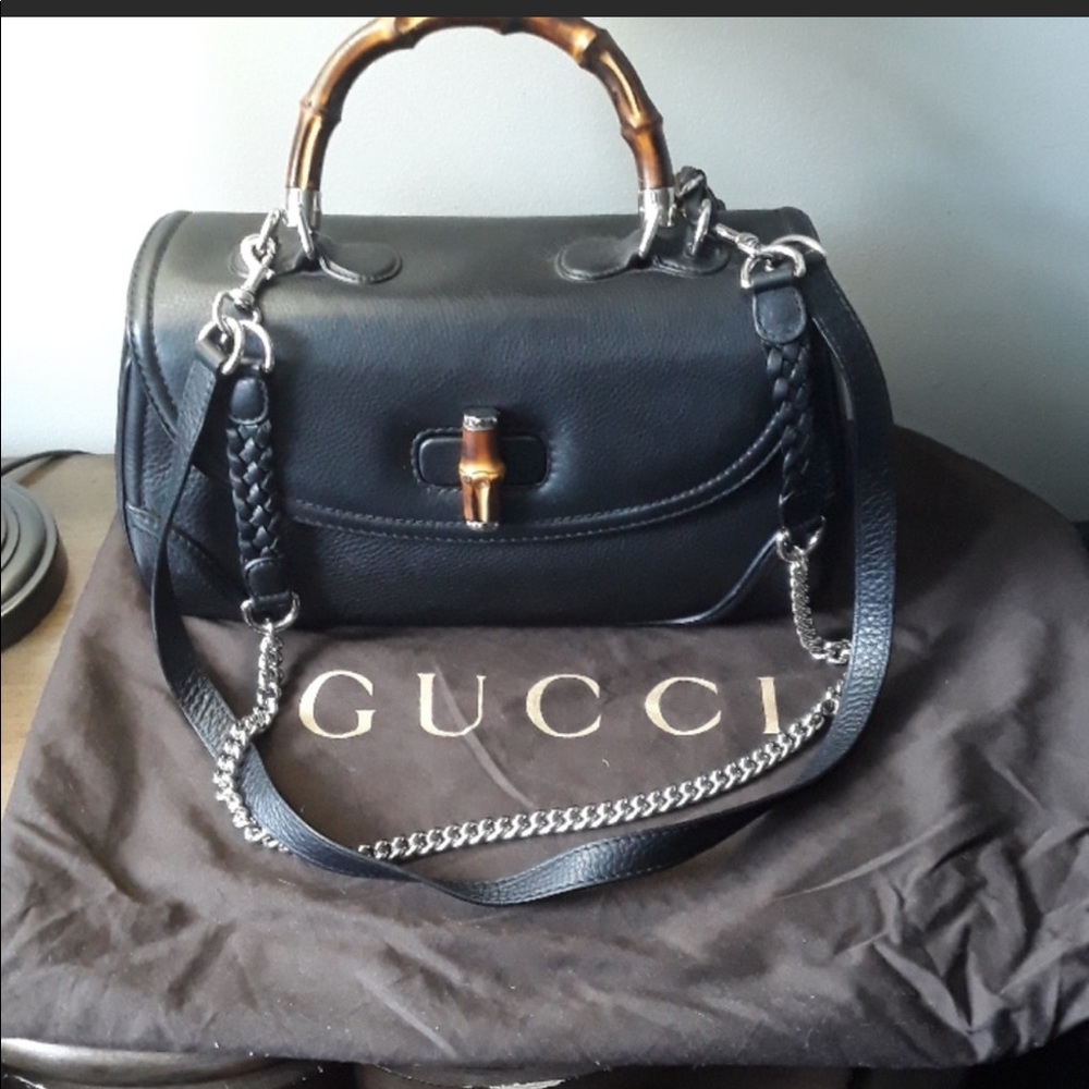 GUCCI calfskin large bamboo top handle black bag